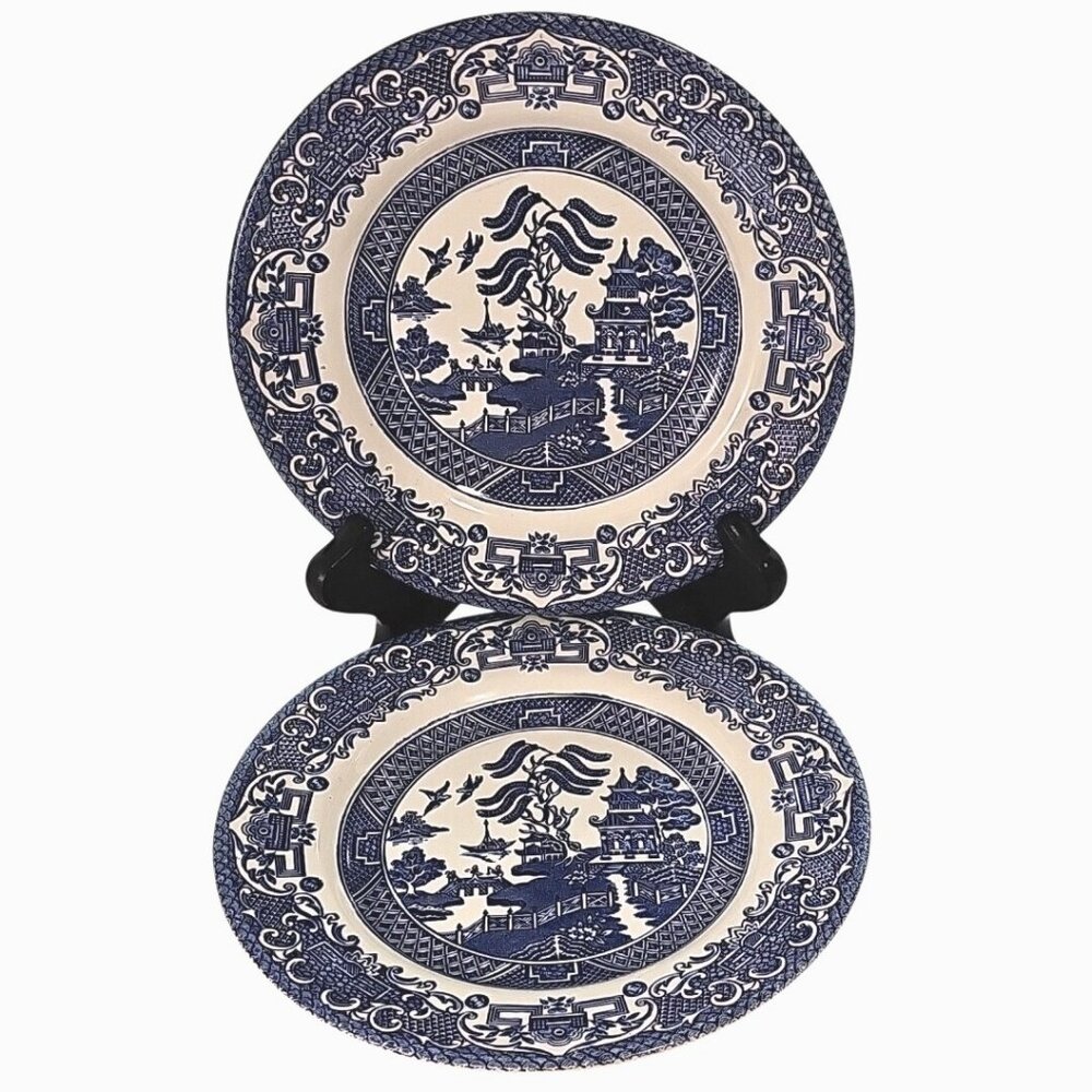 2) Blue Willow Bread Butter Plates 7" by English Ironstone blue white vtg
